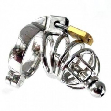 Metal Asylum Chastity Device with Urethral Stretching Penis Plug and Two Rings