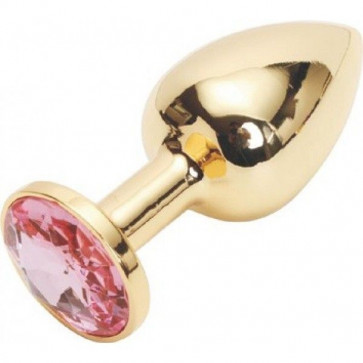 Золотая анальная пробка с розовым кристаллом, средняя