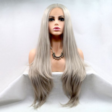 Длинный прямой реалистичный женский парик на сетке пепельно - серого цвета блондин