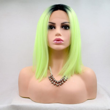 Короткий прямой реалистичный женский парик на сетке неоново - зеленого цвета с омбре