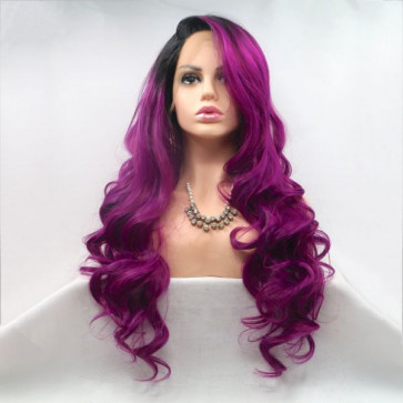 Длинный волнистый реалистичный женский парик на сетке пурпурного цвета с омбре