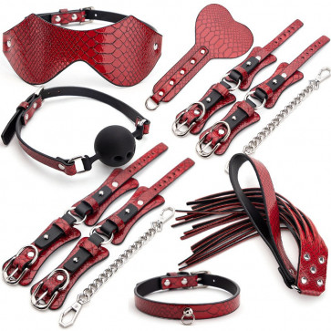 Красный бдсм набор аксессуаров Crocodile Grain Bondage Kit 7 Pieces