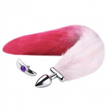 Анальная пробка с пышным хвостом Deformable Fox Tail Metal Anal Plug Pink Red