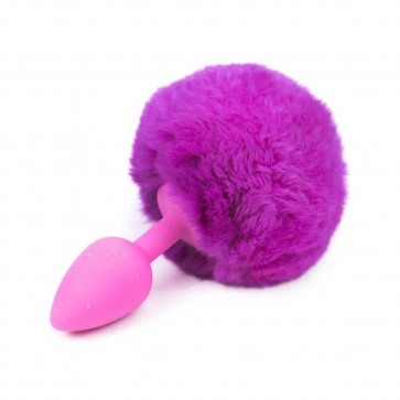 Розовая силиконовая анальная пробка с фиолетовым хвостиком Silicone Fur Tail Plug