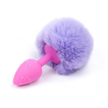 Розовая силиконовая анальная пробка с голубым хвостиком Silicone Fur Tail Plug