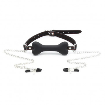 Кляп с зажимами для сосков Nipple Clamps Bone Gag Black