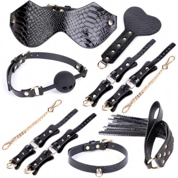 Черный бдсм набор аксессуаров Crocodile Grain Bondage Kit 7 Pieces