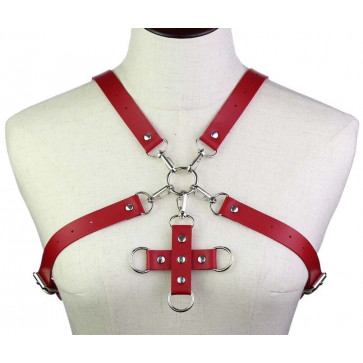 Портупея из искусственной кожи с фиксатором Women's PU Leather Chest Harness Caged Bra RED