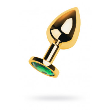 Gold anal plug TOYFA Metal with green round-shaped gem, length 7,8 cm, diameter 2,2-3,5 cm, weight 9