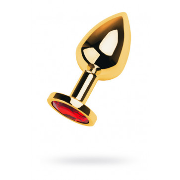 Gold anal plug TOYFA Metal with red round-shaped gem, length 7,8 cm, diameter 2,2-3,5 cm, weight 95 