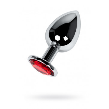 Silver anal plug TOYFA Metal with red round-shaped gem, length8 cm, diameter 2,4-4 cm, weight 140 gr