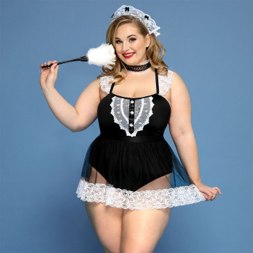 Костюм секси-горничной JSY «Горячая Кери» Plus Size Black, боди, юбка, чокер, головной убор, метелка