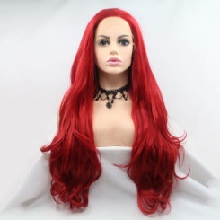 Длинный волнистый реалистичный женский парик на сетке ярко красного цвета