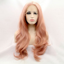 Длинный волнистый реалистичный женский парик на сетке нежно розового цвета