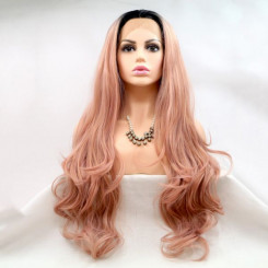 Длинный волнистый реалистичный женский парик на сетке розового цвета с омбре