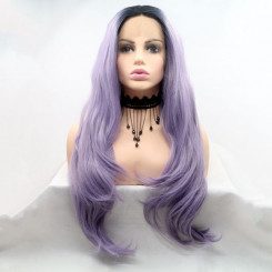 Длинный волнистый реалистичный женский парик на сетке фиолетового цвета с омбре