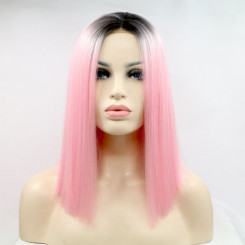 Короткий прямой реалистичный женский парик на сетке розового цвета с омбре