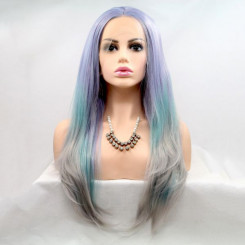 Длинный прямой реалистичный женский парик на сетке сиренево-серо-голубой градиент