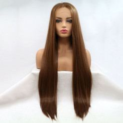 Длинный прямой реалистичный женский парик на сетке карамельно коричневого цвета