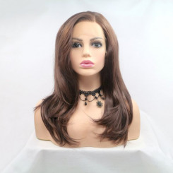 Реалистичный женский парик на сетке средней длинны холодного шоколадного цвета