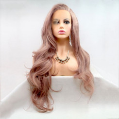 Длинный волнистый реалистичный женский парик на сетке пепельно розового цвета