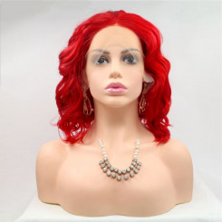 Короткий волнистый реалистичный женский парик на сетке ярко красного цвета