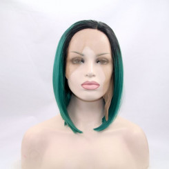 Короткий прямой реалистичный женский парик на сетке зеленого цвета с омбре