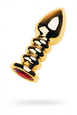 Gold anal plug TOYFA Metal with dark red round-shaped gem, length 8,5 cm, diameter 2,5-3,8 cm, weigh