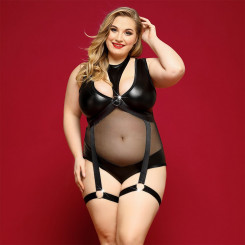 Элегантное боди из экокожи JSY «Соблазнительная Морган» Plus Size, Black, сетка, портупея с гартерам