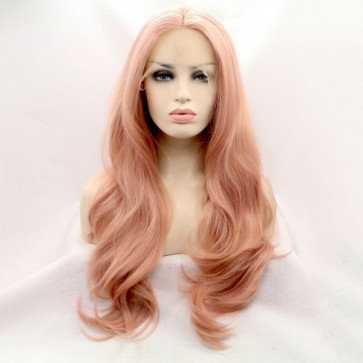 Довга хвиляста реалістична жіноча перука на сітці ніжно рожевого кольору.