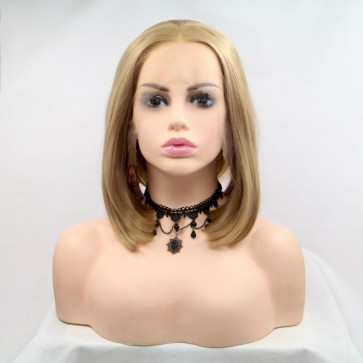 Коротка пряма реалістична жіноча перука на сітці карамельного кольору блондинки.