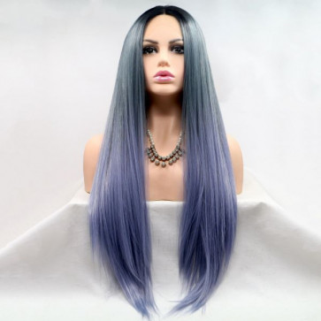 Довгий прямий реалістичний жіночий перука на сіро-синій градієнт сітки з омбре