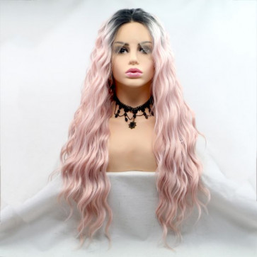 Довга хвиляста реалістична жіноча перука на сітці рожевого кольору з омбре