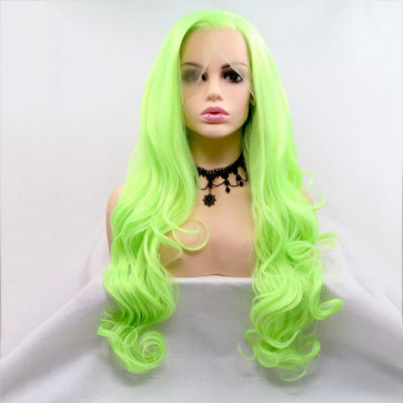 Довга хвиляста реалістична жіноча перука на сітці яскраво неоново - зеленого кольору.