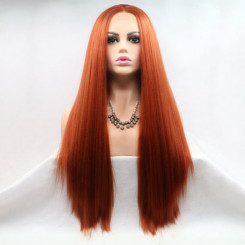 Довгий прямий реалістичний жіночий перука на сітці яскраво рудого кольору