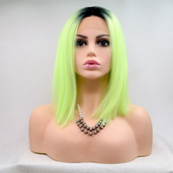 Коротка пряма реалістична жіноча перука на сітці неоново - зеленого кольору з омбре