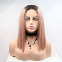 Коротка пряма реалістична жіноча перука на сітці попелясто-рожевого кольору з омбре
