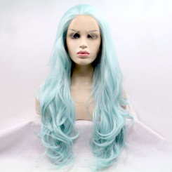Довга хвиляста реалістична жіноча перука на сітці ніжного небесно-блакитного кольору.