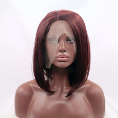 Коротка пряма реалістична жіноча перука на сітці бордового кольору марсала